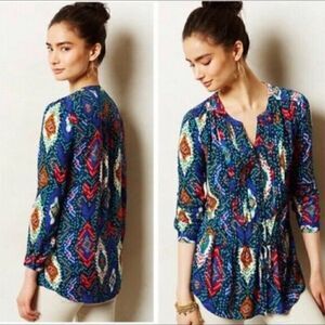 Maeve Anthropologie Topoxte Geometric Ikat Button Front Blouse Shirt Size 4